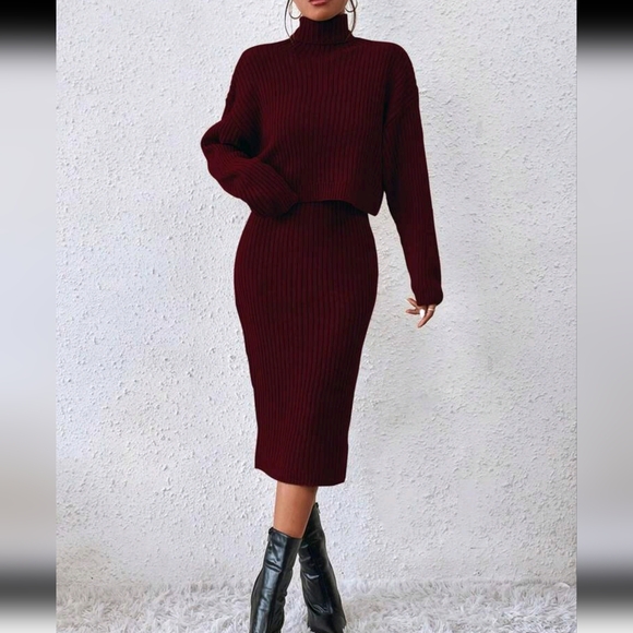 Turtleneck Drop Shoulder Sweater & Knit Dress, Burgundy - Picture 5 of 7